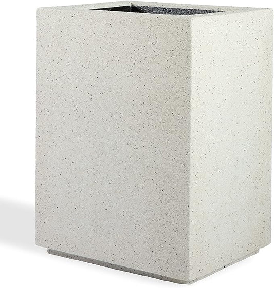 PolyStone Cozumel Tall Modern Outdoor/Indoor Column Planter, 23" L x 18" W x 30" H, Lightweight, Heavy Duty, Weather Resistant, Polymer Finish, Commercial Grade and Residentia (White Granite)