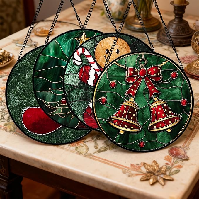 AMDERVEN Stained Glass Window Hanging 4 Pcs Set Red Christmas Stockings and Gingerbread Large 15" - Suncatcher Door Garden Sun Catcher Decor Birthday Mother's Day Xmas Gifts for Mom Woman Nana Men