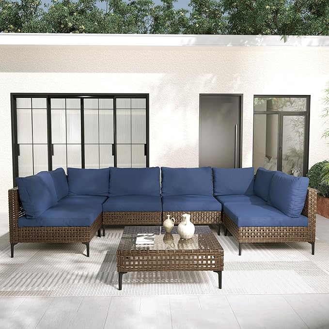 Grand patio 7-Piece Wicker Patio Furniture Set, Retro Outdoor Conversation Set Sectional Sofa with Water Resistant Blue Thick Cushions and Coffee Table, Brown