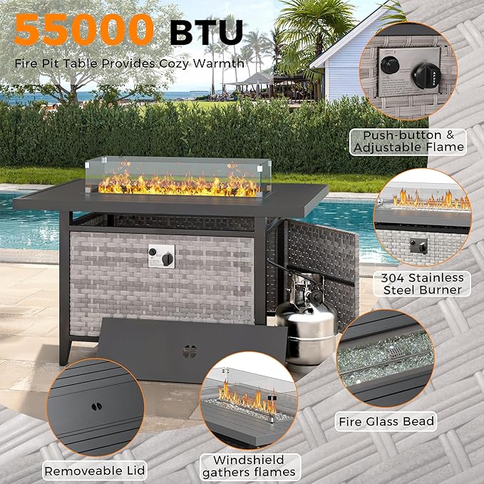 6-Seat Modern Outdoor Wicker Rattan Patio Furniture Set with 55,000 BTU Fire Pit Table, Thick 4″ Cushions, All-Weather Dual-Strand Rattan, Rust-Resistant Steel Frame,Blue
