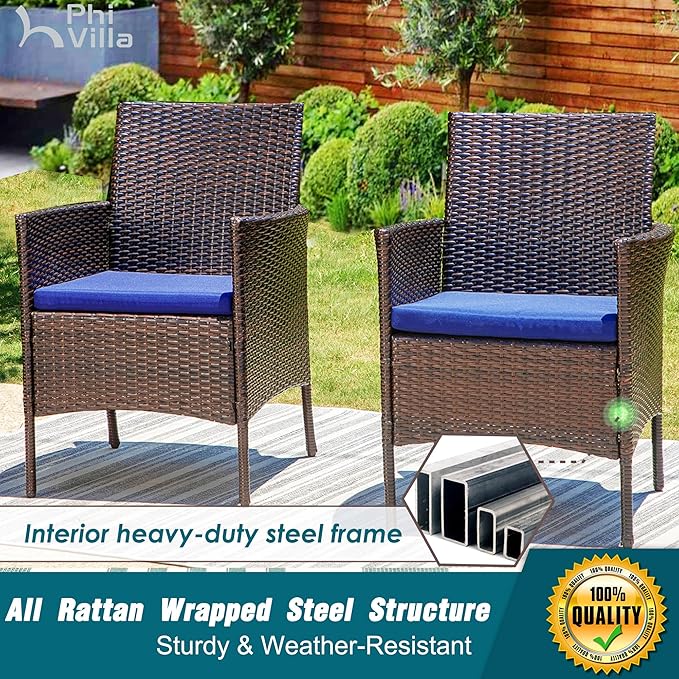PHI VILLA 5 Pieces Outdoor Dining Set for 4, Wood Top Metal Dining Table & Rattan Wicker Chairs with Cushions, Modern Furniture Dining Set for Patio, Deck, Backyard, Porch