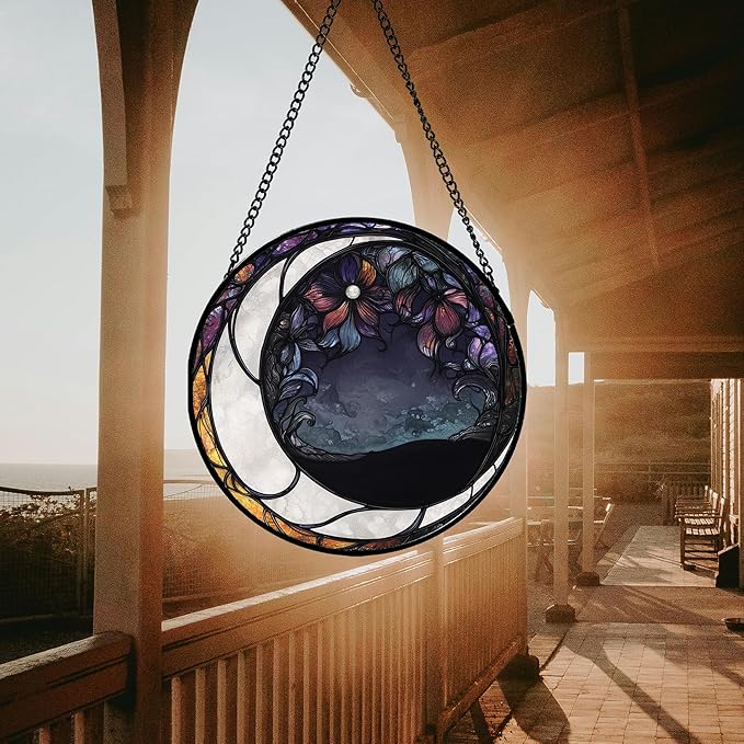 JOSUMALY Stained Glass Window Hanging - Black and White Moon Sun Catcher for Door Terrace Garden Home Decor, Abstract Plant Flower Suncatcher Birthday Gifts for Lovers Women Men Dad Mom Nana 7.8 in