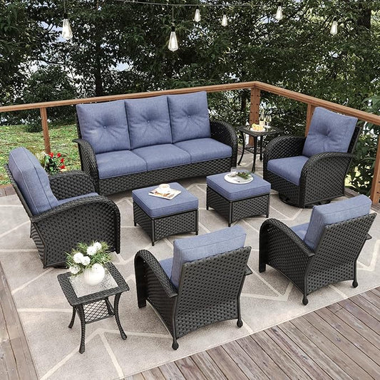9 Pieces Patio Furniture Sets, Wicker Rattan High Back Outdoor Swivel Rocking Chairs Set with 3-Seat Couch, Ottomans and Side Table