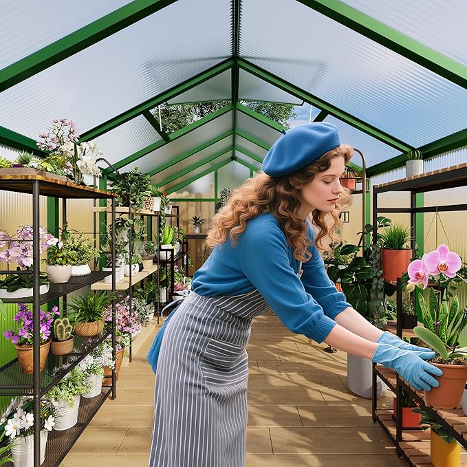 8x12 ft Greenhouse for Outdoors, Polycarbonate Greenhouse with Roof Vent, Ground Nails, Lockable Push Door, Aluminum Large Walk-in Green House for Outside Garden Backyard, Patio, Lawn, Green