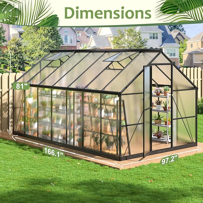 Polar Aurora 8x14 FT Outdoor Greenhouse, Polycarbonate Structure with Easy Assembly and Roof Vent, Large Walk-in Aluminum Greenhouse for Backyard and Garden, Black