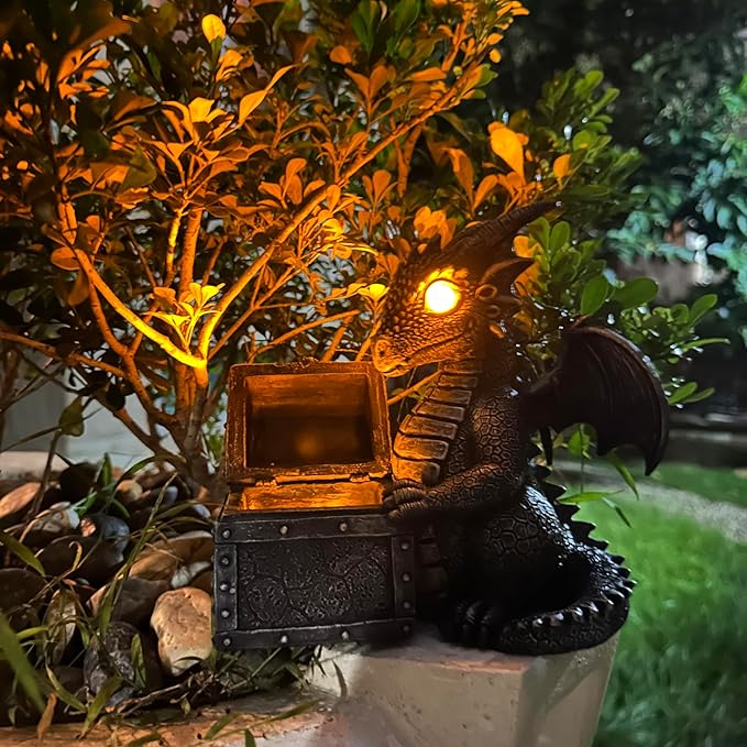 Jy.Cozy Garden Dragon Statue Solar Powered Outdoor Figurine Light Decor Cute and Hold Glowing Treasure Chest Resin Sculpture Home Decoration for Porch Patio Lawn Farm Yard Housewarming Ornament Gift