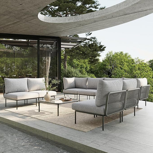 9 Piece Modern Outdoor Rope Wicker Sectional Patio L-Shaped Conversation Sofa Set Deep Seating with Thick Cushions