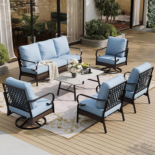 6 Piece Metal Outdoor Patio Furniture Set - 1 3-Seater & 2 Fixed & 2 Swivel Sofas with 5.75" Thick Cushion & Coffee Table - Black & Blue Backyard Furniture
