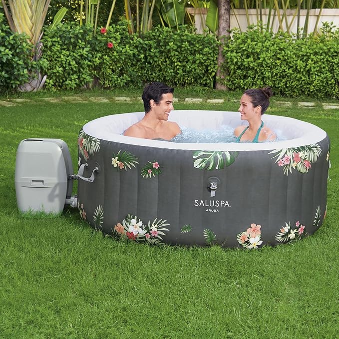 Bestway SaluSpa Aruba AirJet Large Round 2 to 3 Person Inflatable Hot Tub Portable Outdoor Spa with 110 AirJets and EnergySense Cover, Grey