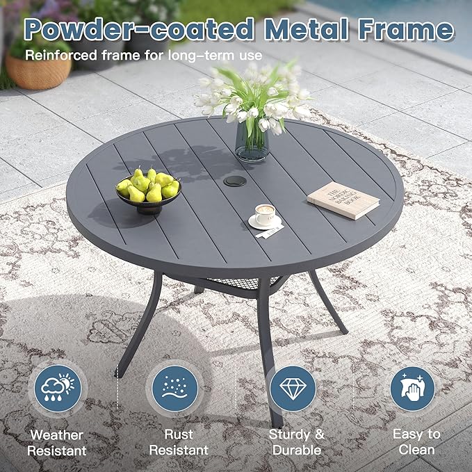 DIFY Outdoor Dining Table for 4, Round Patio Table with Umbrella Hole for Garden, Backyard and Porch (Dark Grey)