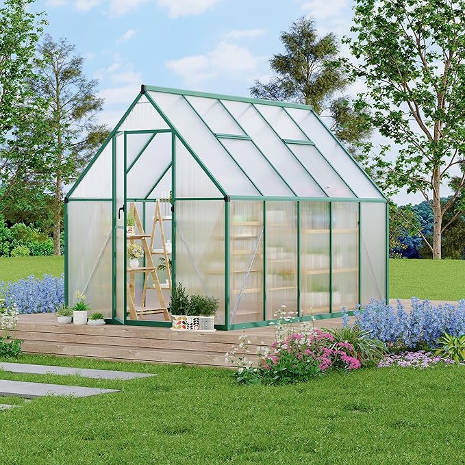 Polycarbonate Greenhouse for Outdoors, Large Walk-InGreenhouse with Quick Setup Structure and Roof Vent, Greenhouse with Ventilation