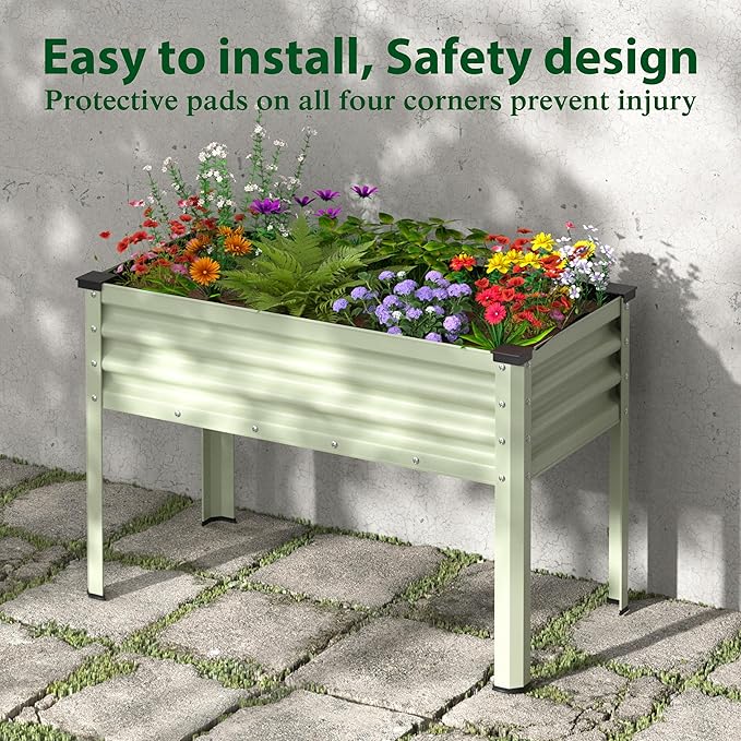 Galvanized Raised Garden Bed with Legs, 48" W x 24" D x 32" H Large Metal Elevated Raised Planter Box with Drainage Gaps for Backyard, Patio, Balcony, 507lbs Capacity, Beige