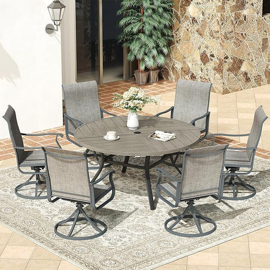 VICLLAX Round Patio Dining Table, 4-6 Person Metal Outdoor Dining Table with Umbrella Hole and Storage Shelf for Garden Lawn Deck, 47.2" Grey