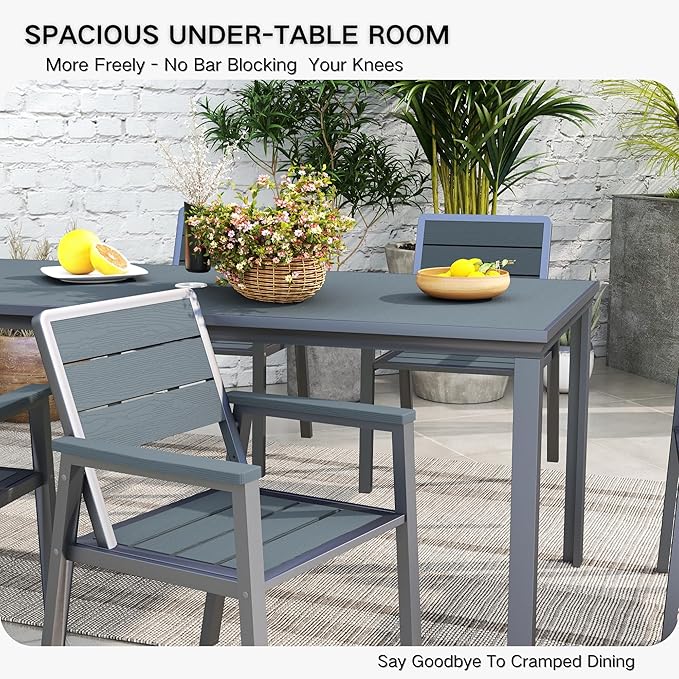 Kingdura 7 Piece Patio Dining Set for 6, HDPE Outdoor Table & Chairs with Umbrella Hole, All-Weather Outdoor Furniture Patio Conversation Set for Lawn Pool Backyard, Blue