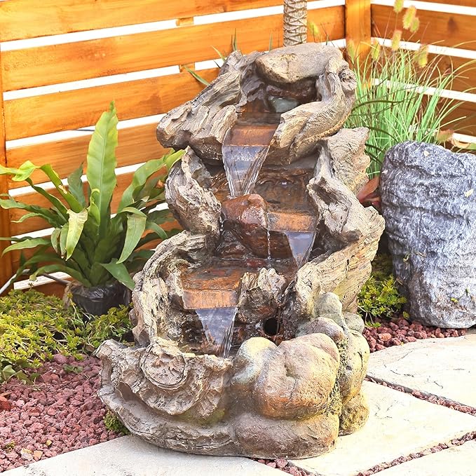 Bumilgar 42.1 Inches Garden Outdoor Water Fountain - Mutiply Tiered Cascading Fountains Outdoor Decor with LED Lights and Pumps for Garden, Patio, Porch, Backyard, Deck, Pond and Home Art Decor