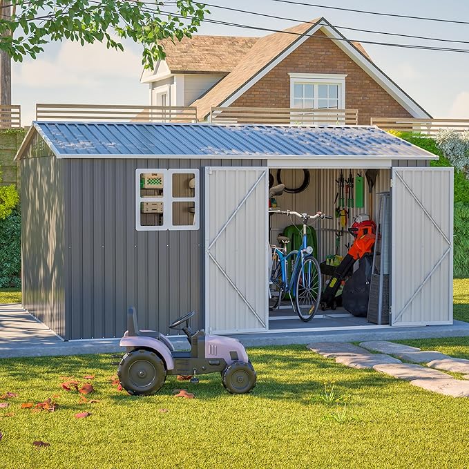 12x10 FT Heavy Duty Metal Outdoor Storage Shed with Window & Floor Frame, Lockable Double Doors, Weatherproof Steel Garden Tool Shed for Bikes, Lawn Mowers, Patio & Backyard Equipment Storage