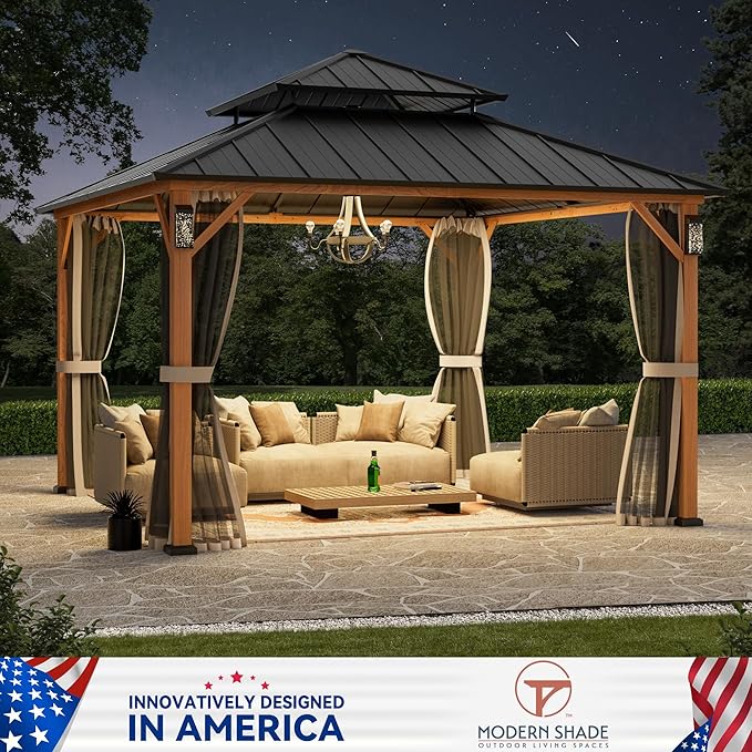 Modern Shade The Horizon Hardtop Gazebo 12' x 12' with 4 LED Lights, Permanent Outdoor Gazebo with Galvanized Steel Double Roof, Grill Pavilion with Decor Hooks, Mosquito Nettings, Wood Grain