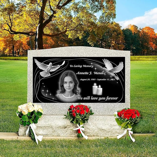 HALERGED 16x8 Headstone/Tombstone, Personalized with Photo & Text, Engraved on Premium Granite Headstones for Graves,Garden Memorial Stones,Memorial plaques for Outdoors,
