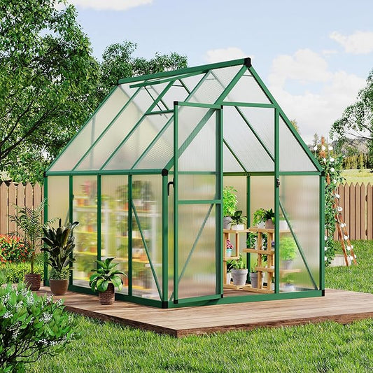 6x7 FT Outdoor Greenhouse, Polycarbonate Greenhouse with Roof Vent and Ground Nails, Aluminum Large Walk-in Green House w/ Lockable Push Door for Outside Garden Backyard (Green, 6x7 FT)