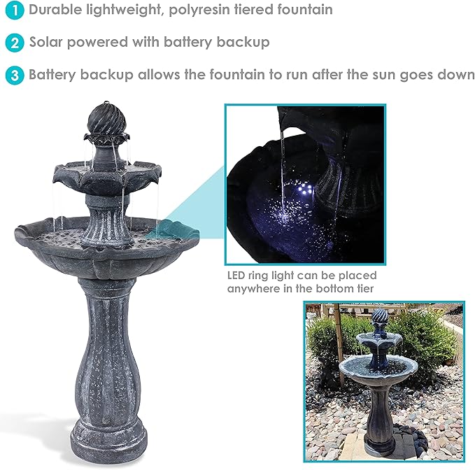 Sunnydaze 45-Inch 2-Tier Arcade Outdoor Solar Water Fountain - Outdoor Water Feature with LED Light for Garden, Patio, Yard or Balcony - Black