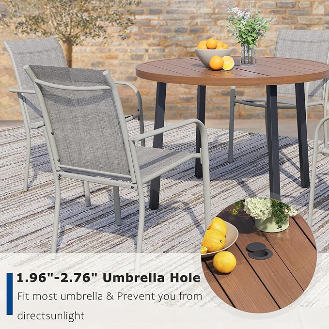 5 Pieces Patio Dining Set for 4, Grey Patio Stackable Chairs and Walnut Round Table Set of 4, Outdoor Furniture Set with Sling Support for Outside, Garden