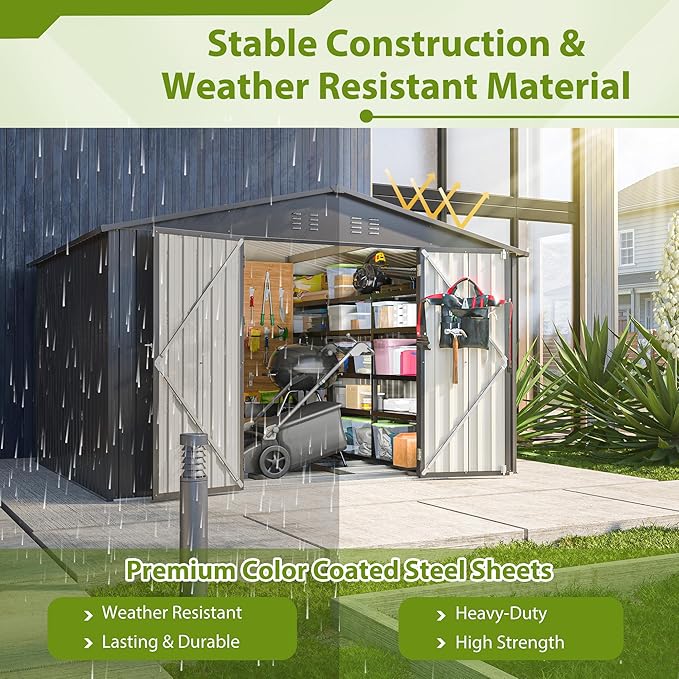 Favfurish Outdoor Storage Shed 10x8FT, Heavy Duty Tool Sheds with Lockable Door & Shutter Vents, Waterproof Garden Shed for Backyard Lawn Patio, Black