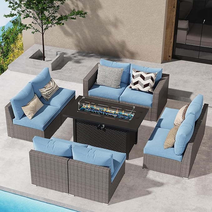 Wisteria Lane Patio Furniture Set for, 9 Pieces Wicker Outdoor Furniture Set with Washable Cushions & Fire Pit Table, Oversized Outdoor Sectional for Garden, Poolside, Backyard, Blue
