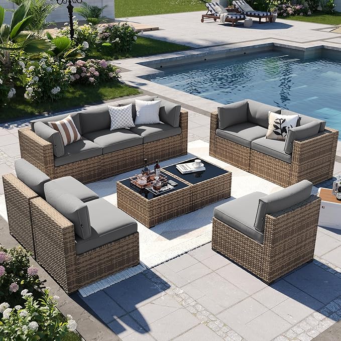 Aoxun Patio Furniture Sets, 10-Piece Outdoor Patio Furniture with Thick Cushions, Wicker Outdoor Conversation Set Sectional Sofa for Backyard, Poolside, Garden
