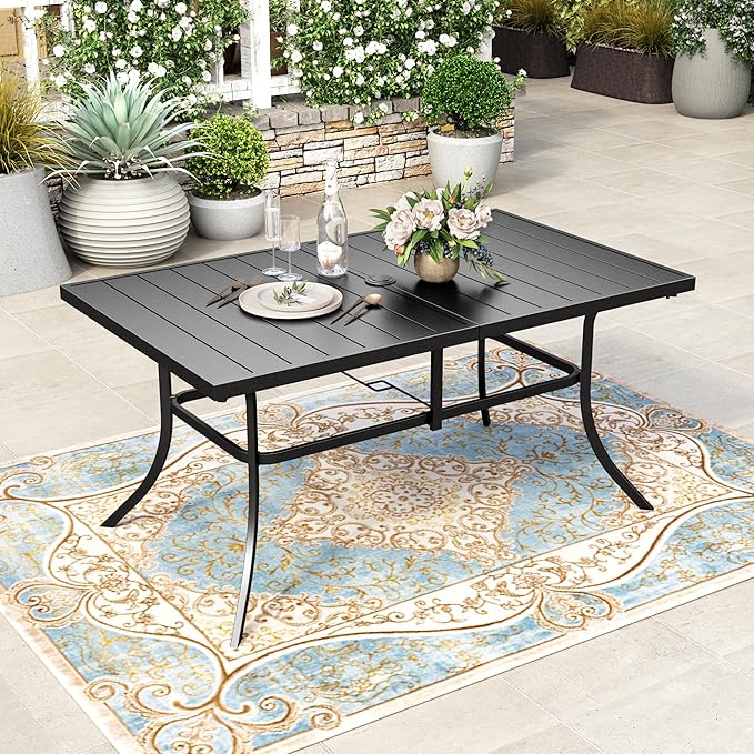 HERA'S HOUSE Outdoor Dining Table for 6,6-Person Metal Steel Slat Rectangle Patio Table with Umbrella Hole for Lawn Garden Backyard
