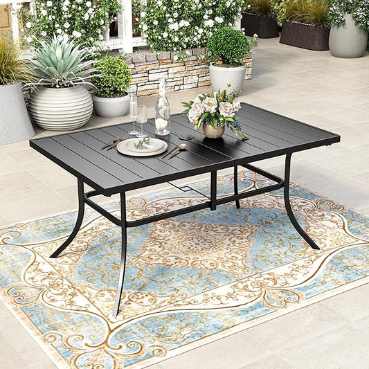HERA'S HOUSE Outdoor Dining Table for 6,6-Person Metal Steel Slat Rectangle Patio Table with Umbrella Hole for Lawn Garden Backyard