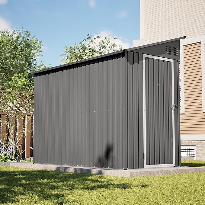 4×8 FT Lean to Metal Shed,Outdoor Heavy-Duty Storage Shed with Floor Base,All Weather Waterproof Garden Tool House W/Lockable Door&2 Air Vents,Reversible Door Design,for Backyard,Patio,Lawn,Gray