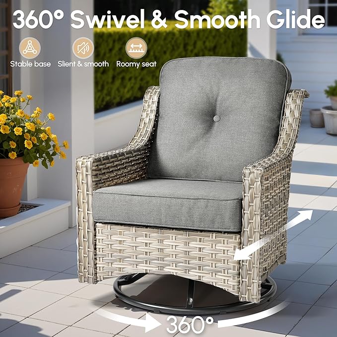 5 Pieces Patio Outdoor Furniture Set with Swivel Rocking Chairs,All Weather Wicker Rattan Patio Seating Sofa and Chair Set w/Glowing Table,Outdoor Conversation Sets for Deck Yard Garden,Dark Grey
