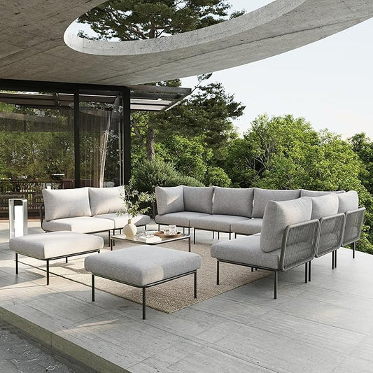 11 Piece Modern Outdoor Rope Wicker Sectional Patio L-Shaped Conversation Sofa Set Deep Seating with Thick Cushions