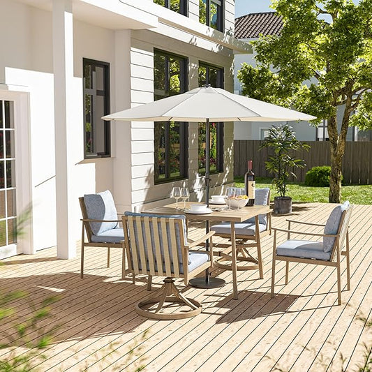 HAPPATIO 5-Piece Outdoor Dining Set for 4, Aluminum Patio Dining Set Includes 1 Large Square Table with Umbrella Hole, 2 Swivel Dining Chairs, and 2 Dining Chairs, for Lawn, Porch, Backyard (Brown)
