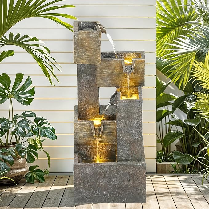 Autodaya 32.5" Modern Outdoor Water Fountain with LED Lights, 5-Tier Stacked Blocks Garden Fountain Cascading Waterfall Feature for Relaxing Garden, Patio, Backyard, Deck, Porch or Home Décor