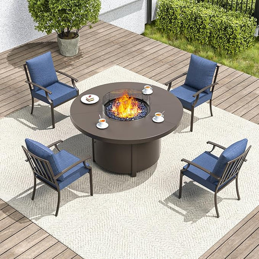 5 Pieces Patio Furniture Set with Round Fire Pit Table, Outdoor Conversation Sets 4 Chairs with Upgrade Cushions for Patio, Backyard Dark Blue
