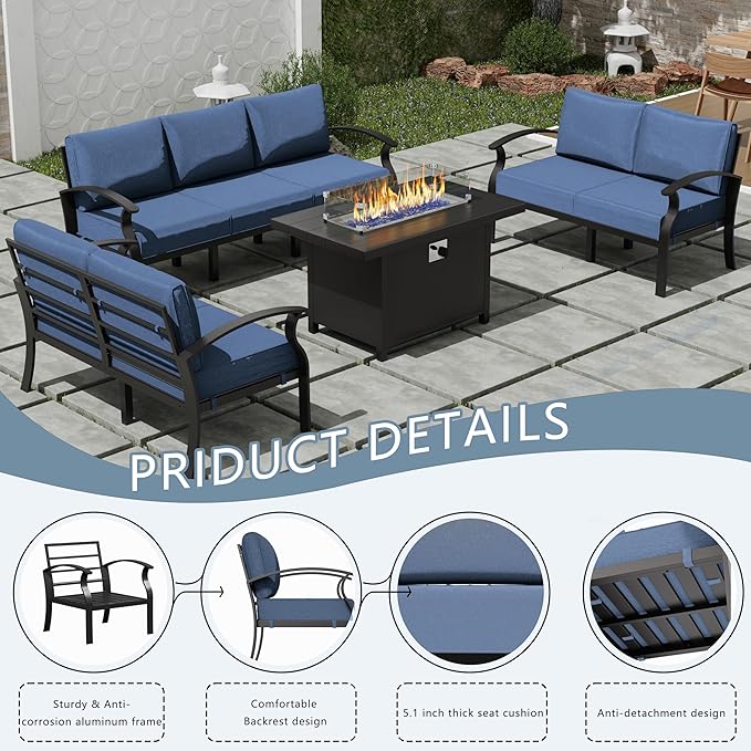 Aluminum Patio Furniture Set with Fire Pit Table, 7 Seats Outdoor Conversation Set Modern Metal Sectional Sofa with Upgrade Cushions for Backyard, Navy