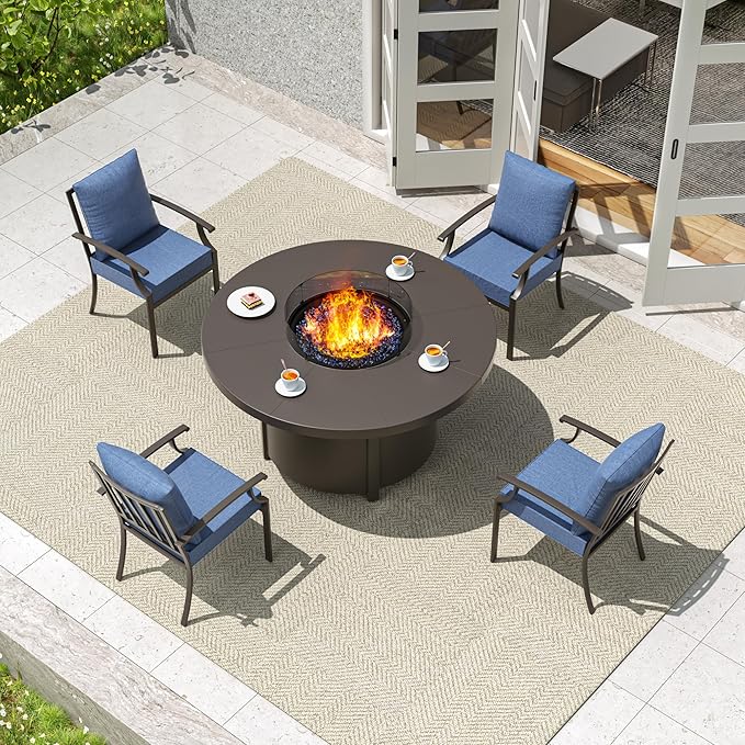 5 Pieces Patio Furniture Set with Round Fire Pit Table, Outdoor Conversation Sets 4 Chairs with Upgrade Cushions for Patio, Backyard Dark Blue