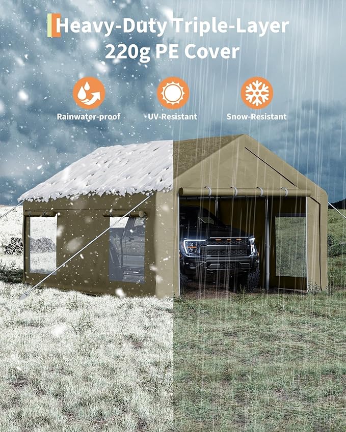 13x20 FT Carport,Heavy-Duty Carport with 4 Roll-Up Windows & Doors, Portable Garage 200g PE Tarp, Waterproof & UV Protected Outdoor Shelter for Car, Boat, Truck, Motorcycle