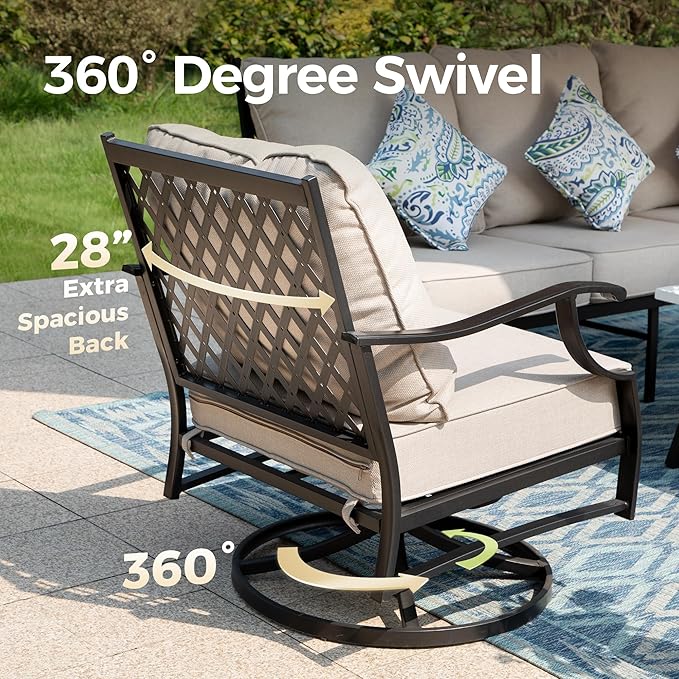 Patio Furniture Set 5 pcs, Outdoor Patio Furniture, 3-Seat Sofa, 2 Swivel Chairs, 2 Ottomans and 5.75" Extra Thick Cushion, Patio Conversation Set for Garden Backyard Deck,Beige