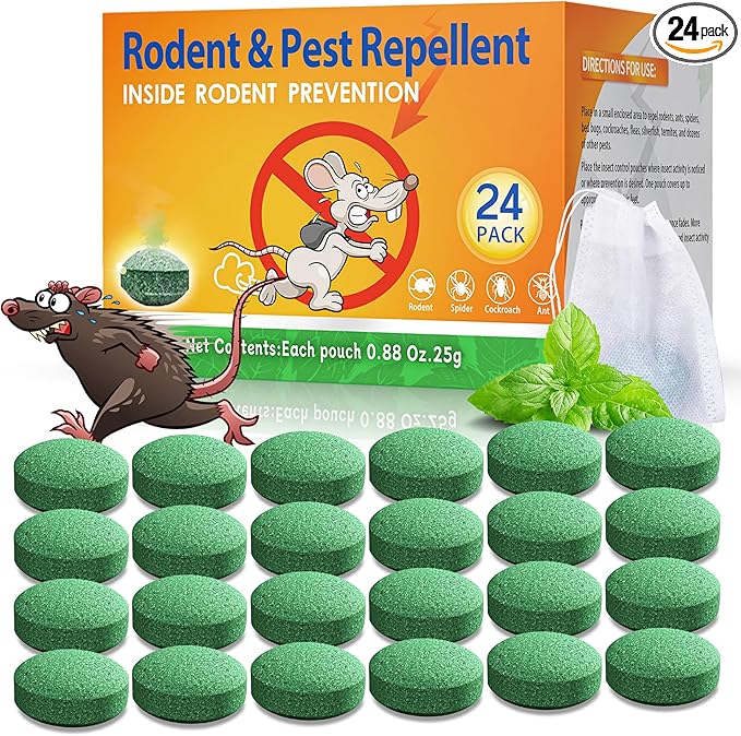 Rodent Mouse Repellent Indoor Outdoor - Peppermint Oil to Repel Mice Mole and Rats, Bug Insect Spider Repellent Pouches, Pest Control Natural Deterrent Safe for Pets & Family 24 Packs