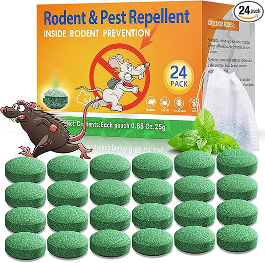 Rodent Mouse Repellent Indoor Outdoor - Peppermint Oil to Repel Mice Mole and Rats, Bug Insect Spider Repellent Pouches, Pest Control Natural Deterrent Safe for Pets & Family 24 Packs