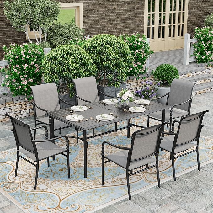 HERA'S HOUSE Patio Table and Chairs for 6, Outdoor Dining Set 7 Pieces, 67" Rectangle Metal Table with Elegant Armrest Chairs for Garden Backyard