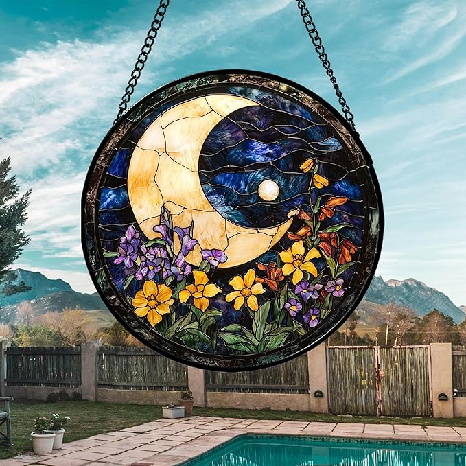 JOSUMALY Stained Glass Window Hanging - Blue Night Sky Moon Suncatcher for Door Terrace Garden Home Decor Wildflowers Sun Catcher Birthday Gifts for Lovers Women Men Dad Mom Nana 9.8 in