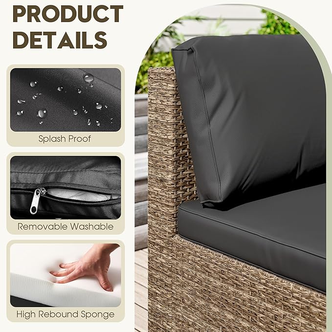 7 Piece Patio Sectional Furniture Set Outdoor Furniture Patio Conversation Sets & Patio Sectional - Hand-Woven Wicker Outdoor Sectional Black Cushions Glass Table