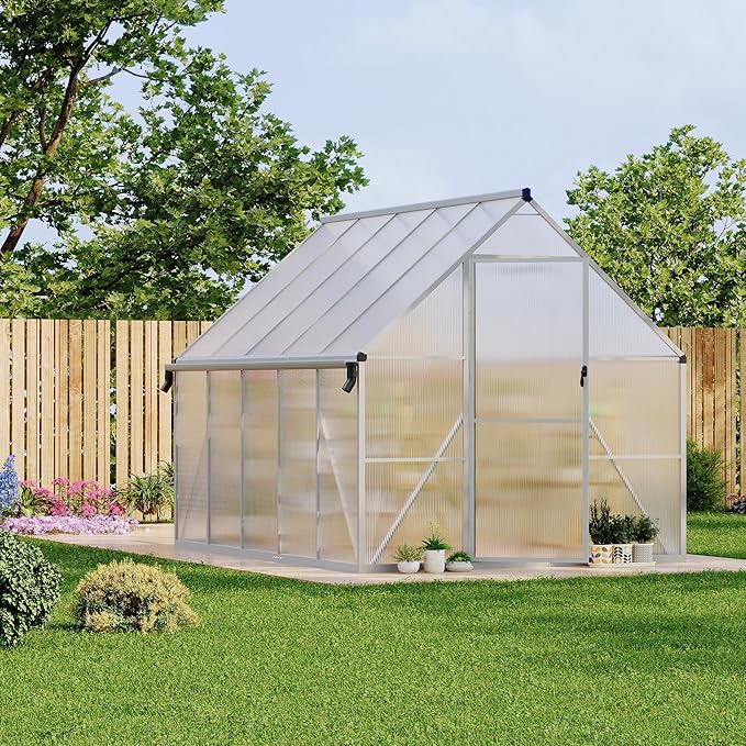 Polycarbonate Greenhouse for Outdoors, Large Walk-InGreenhouse with Quick Setup Structure and Roof Vent, Greenhouse with Ventilation