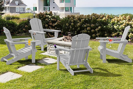 SERWALL Adirondack Chair with Cup Holders - Composite Adirondack Chairs Set of 8 HDPE Outdoor Chairs All Weather Use- Silver Gray