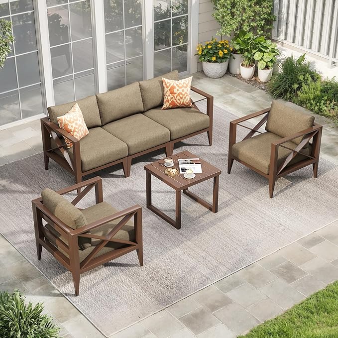 Aluminum Outdoor Furniture Set,5-Seats Patio Sectional Conversation Sofa with 6" All-Weather Cushions and Coffee Table,Patio Furniture Set for Deck, Porch, Garden (Brown)