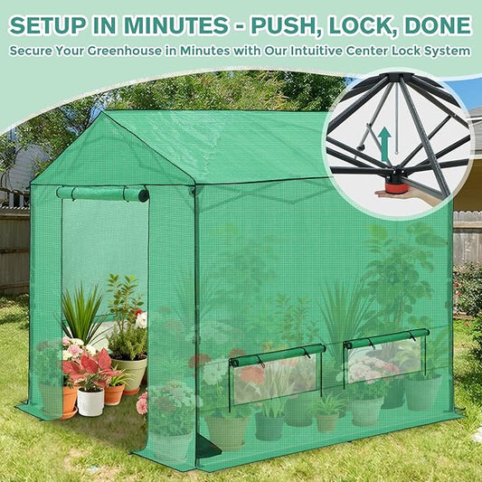 COOS BAY 8x8 FT Pop up Greenhouse Outdoor, Walk in Green House with Power Access Openings, Zippered Doors & Windows, Durable PE Cover, Green