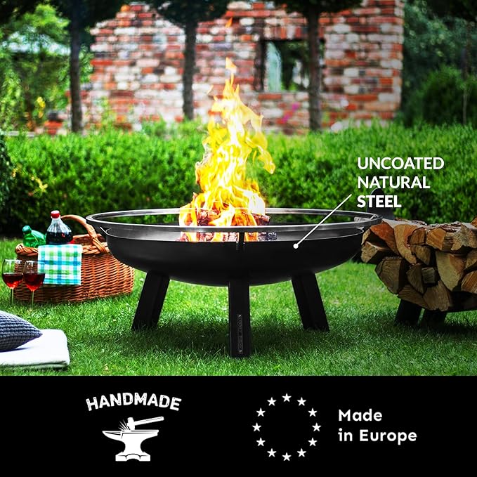 Ember 32" Handcrafted Large Fire Pit Wood Burning Fireplace for Backyard Grilling Campfire for Outdoor Cooking Camping, Large Outside Natural Steel Firepit by Good Directions